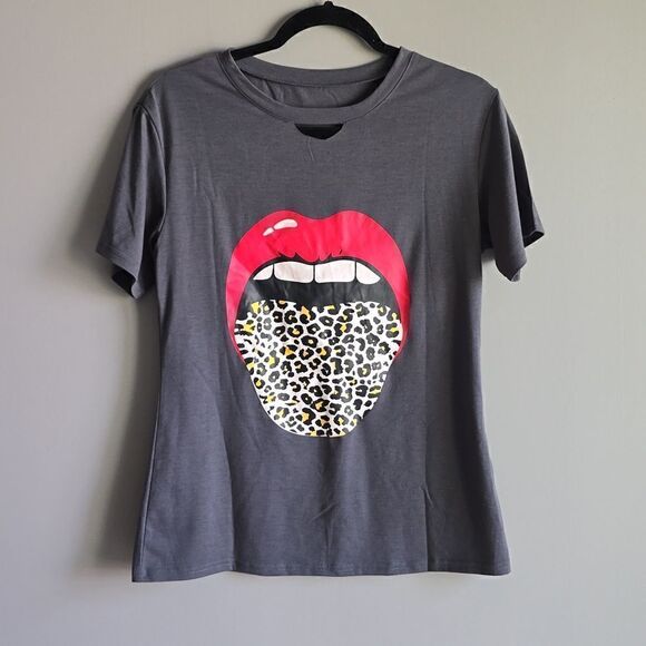 NEW SHEIN Grey Cheetah Mouth Lips Loose Fit Casual Oversized Graphic Tee Shirt - Picture 1 of 9